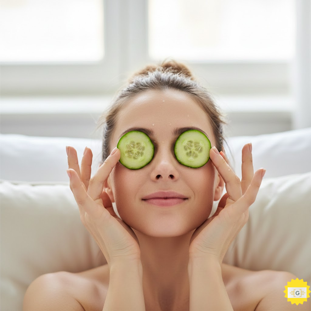 A woman applying chilled cucumber slices to her eyes for natural de-puffing