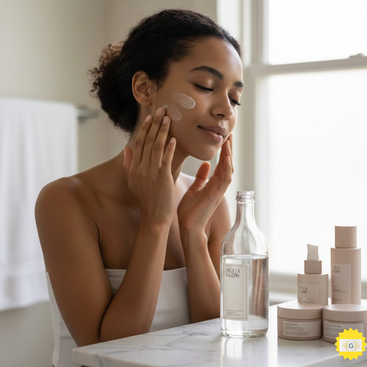 Woman applying moisturizer to damp skin and a bottle of drinking water in front on clean beautiful bathroom countertop