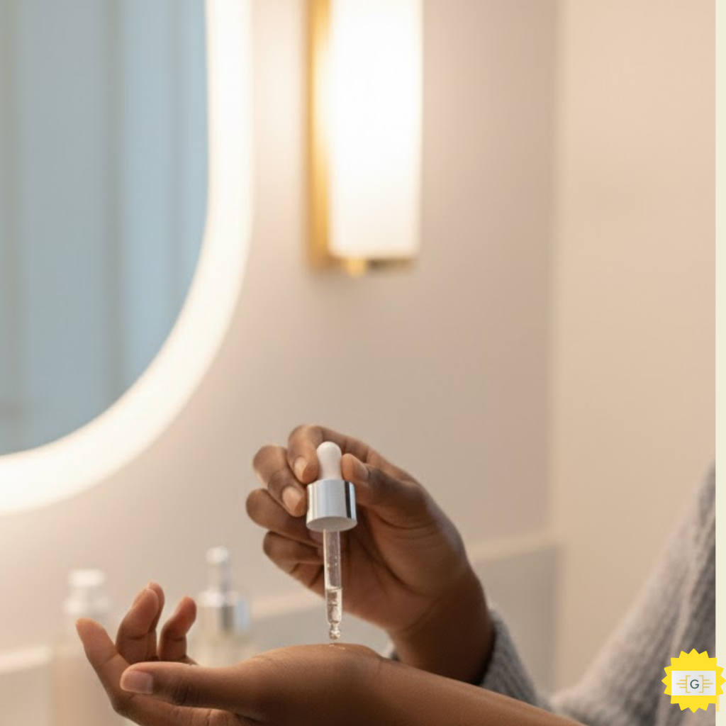 Woman applying a small amount of skincare serum to her inner arm for a patch test.