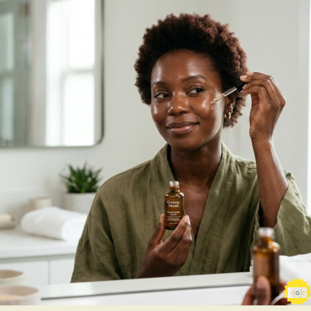 Woman with coily hair applying Greater Mood Niacinamide Serum as part of her skincare routine.
