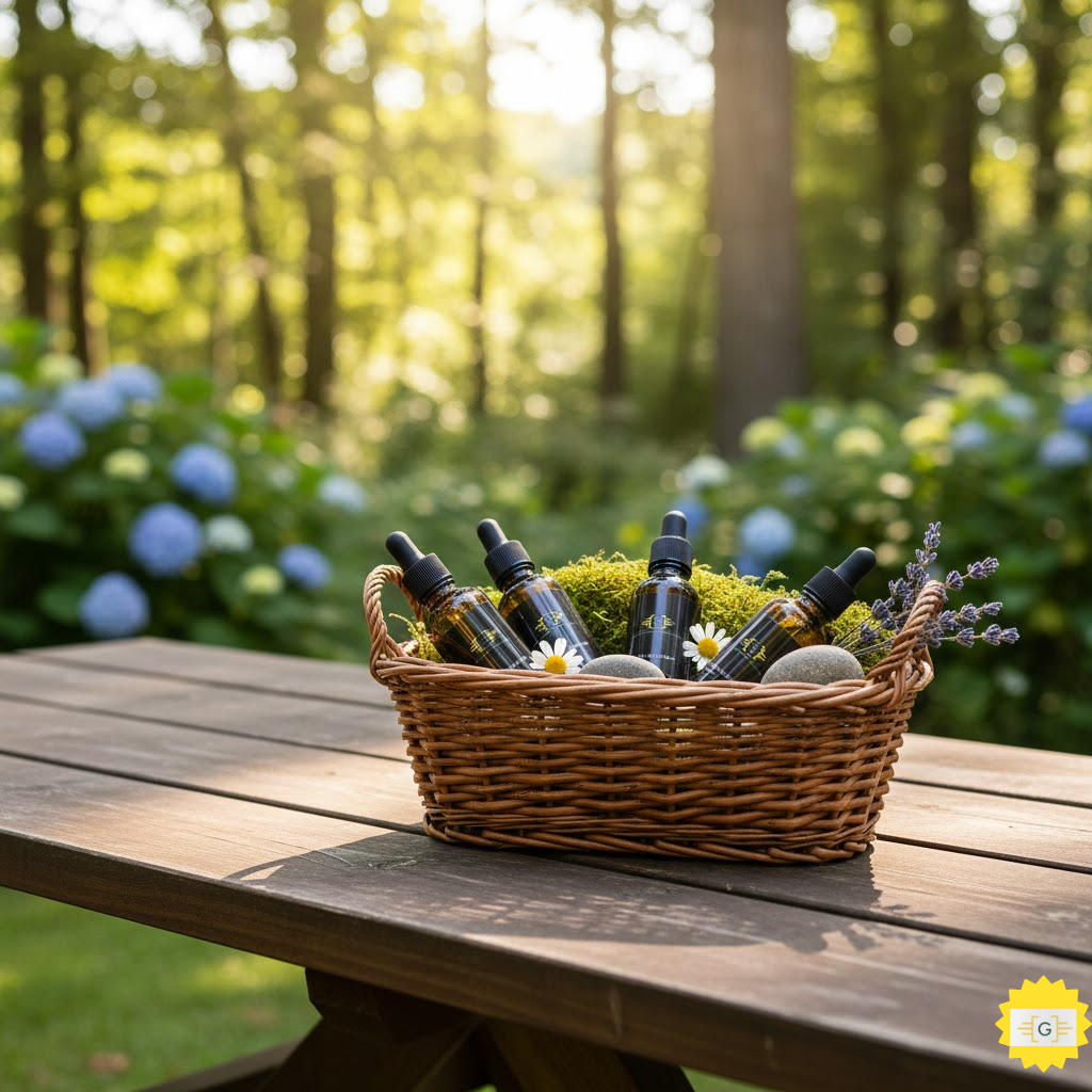Greater Mood Serums in a Basket outdoor with nature in background