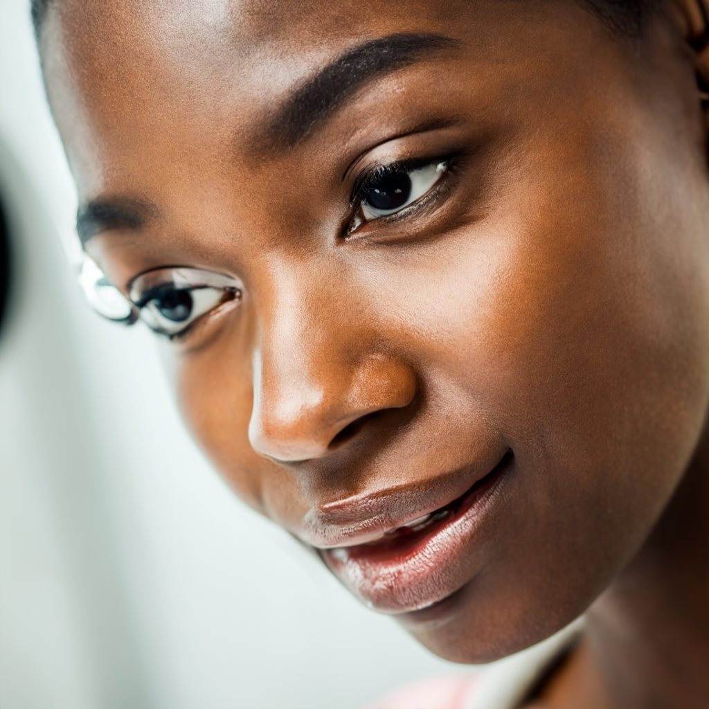 Beautiful black female showing her clear skincare routine