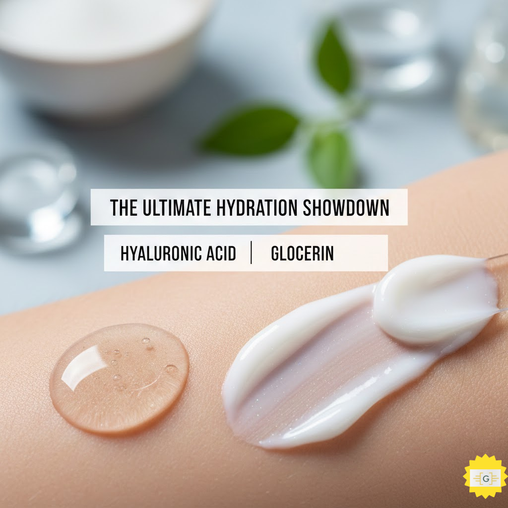 Image of texture of a clear hyaluronic acid serum versus a dewy glycerin-based moisturizer on skin