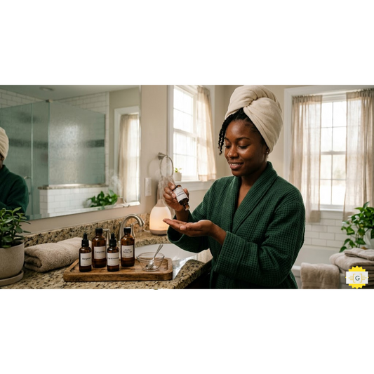 Woman in bathroom using essential oils