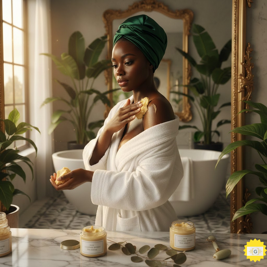  Image for the blog of a dark skinned woman using cocoa butter in from of a mirror in a clean beautiful bathroom