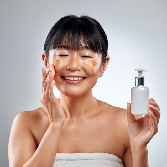 lady holding a bottle of skincare products showing Korean glass skin