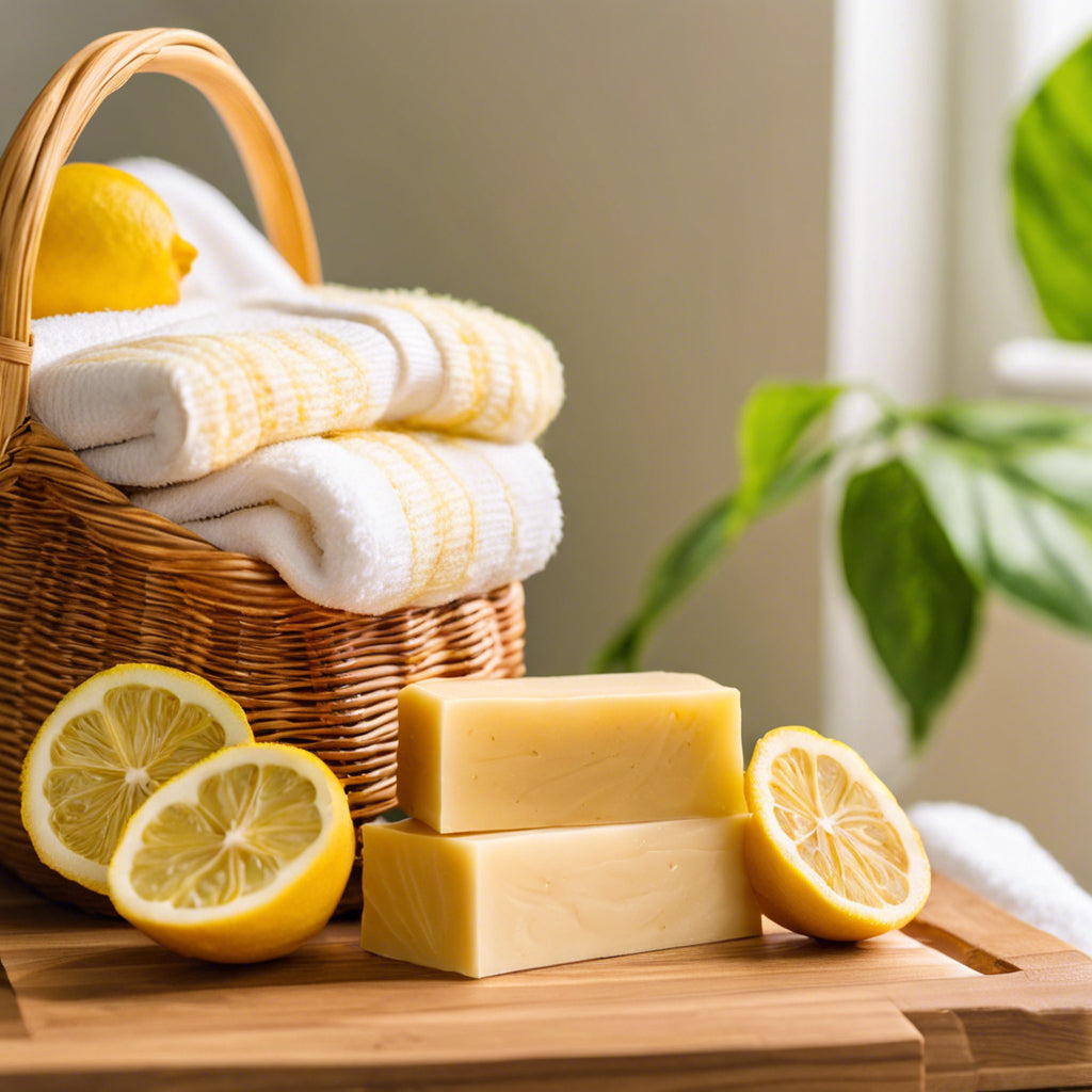 Lemon Turmeric Soap for Healthier Skin in basket with towels in bathroom 