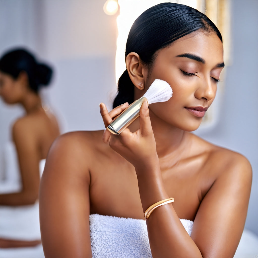 WOMAN DOING MORNING SKINCARE ROUTINE IN MIRROR 