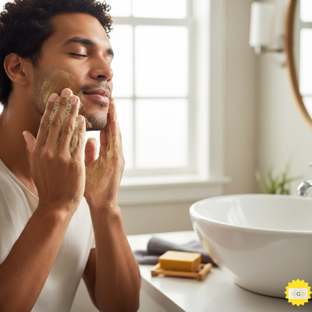 Man using turmeric soap in a bathroom