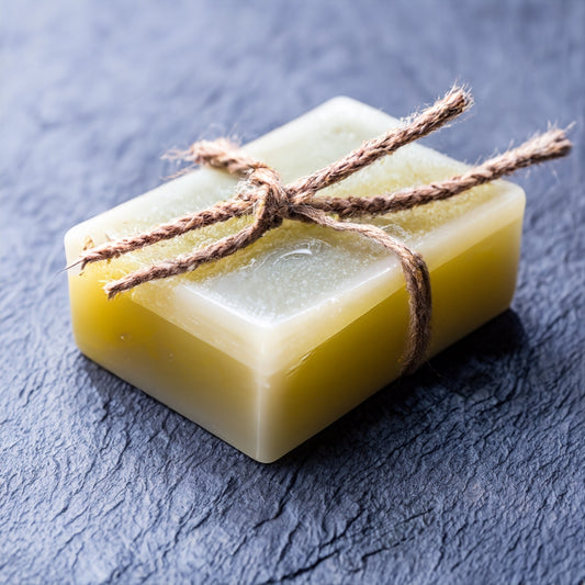 Bar of soap on blue surface tied with a twine 