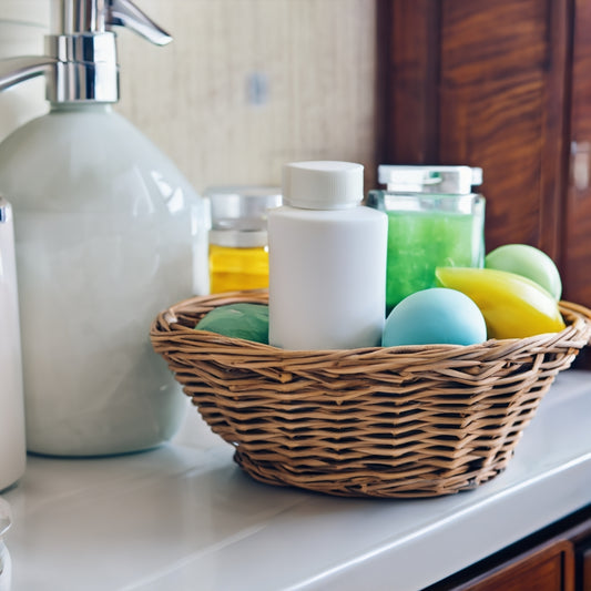 Natural Skincare Products in basket on bathroom counter top