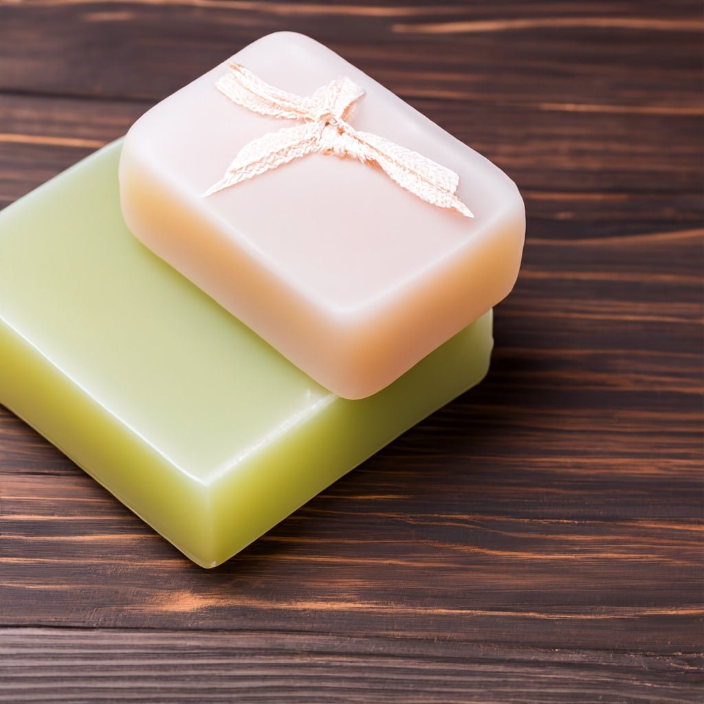 Two natural soaps on top each other on a dark wooden surface