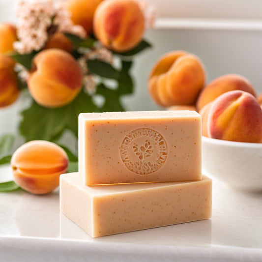 Natural apricot Exfoliating Soap bar in container in bathroom