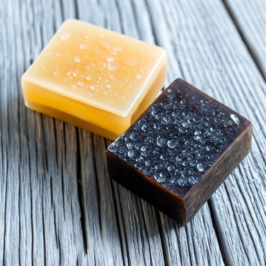 Two natural soap bars on wooden surface 