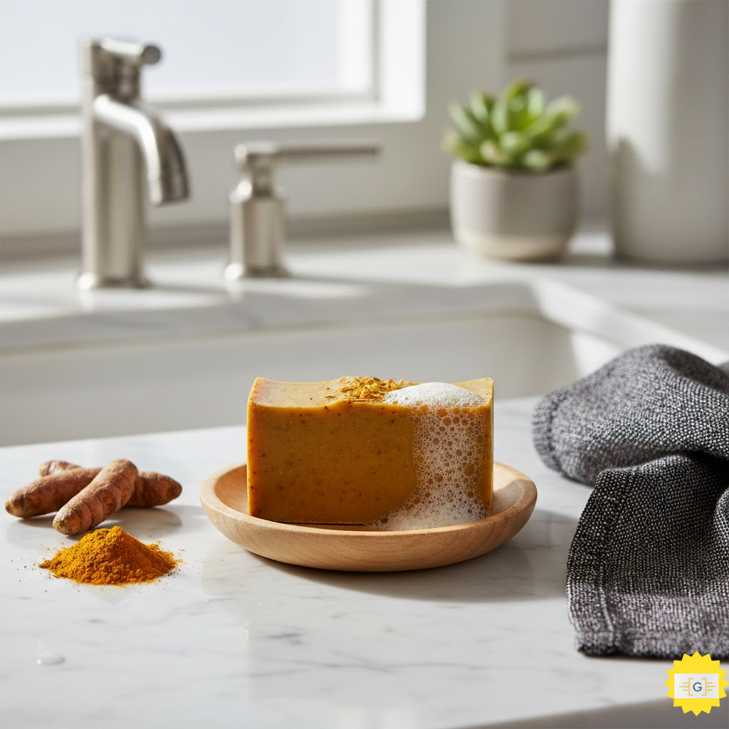 Natural turmeric soap bar on a bathroom countertop for facial skincare
