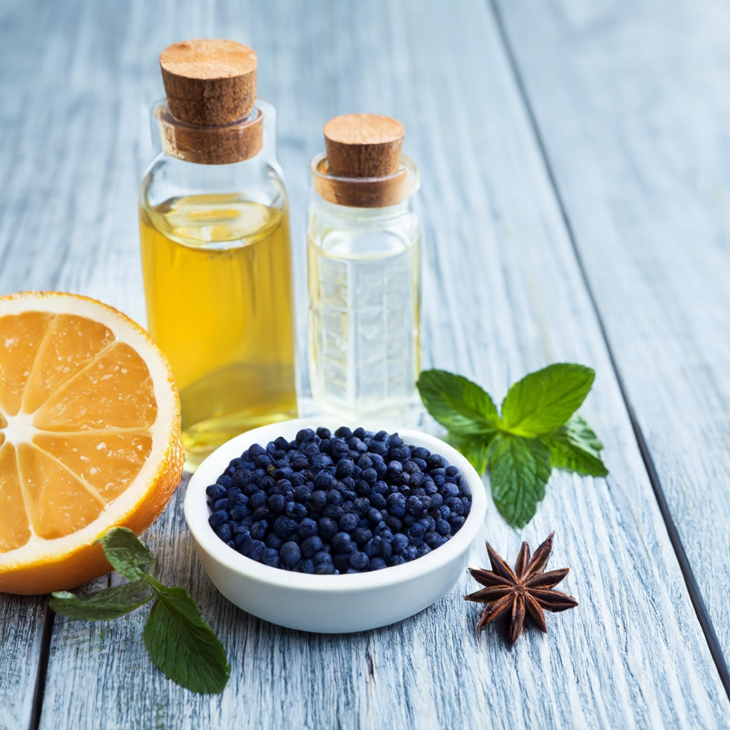 A bowl of black poppy seeds, an orange slice, and a bottle of essential oils on a wooden table.