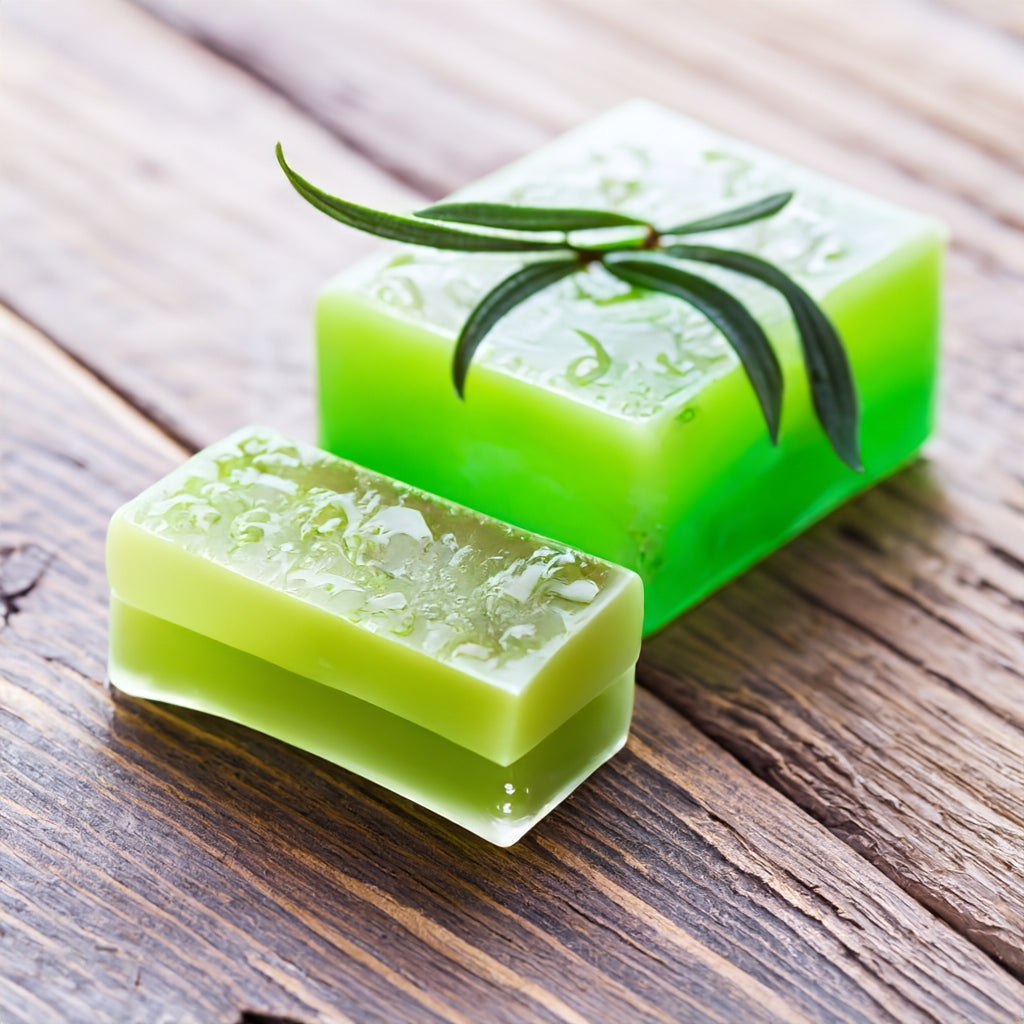 Two organic body bar soap on a wooden surface