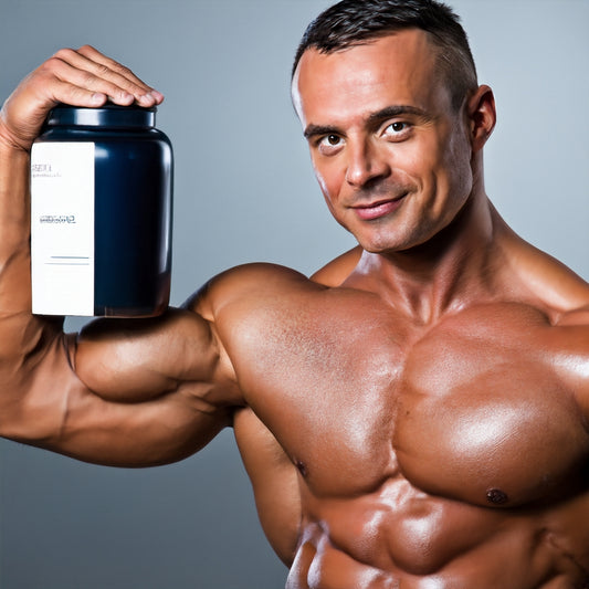 bodybuilder showing off his bottle of bodybuilding supplement 