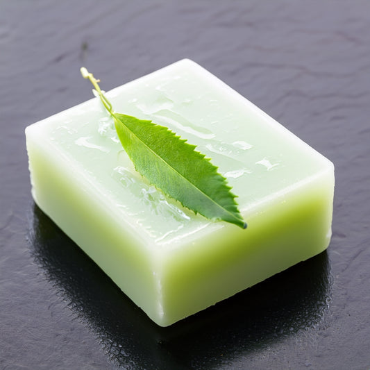Tea Tree Soap Bar on Your Skin on gray surface 