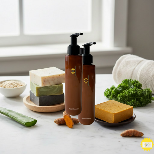Greater Mood Soaps and Kale Cleanser on a bathroom countertop