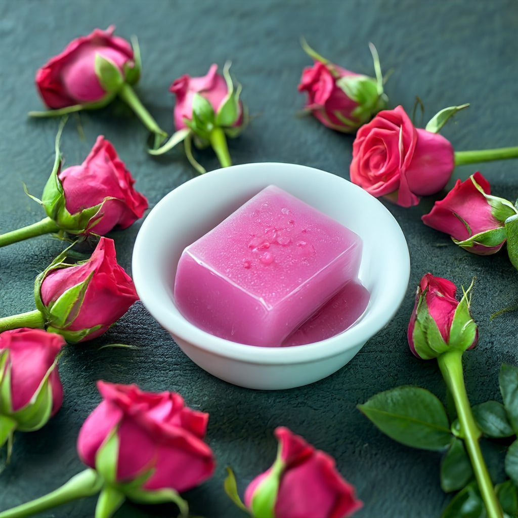 Dish with a bar of rose soap surrounded by roses