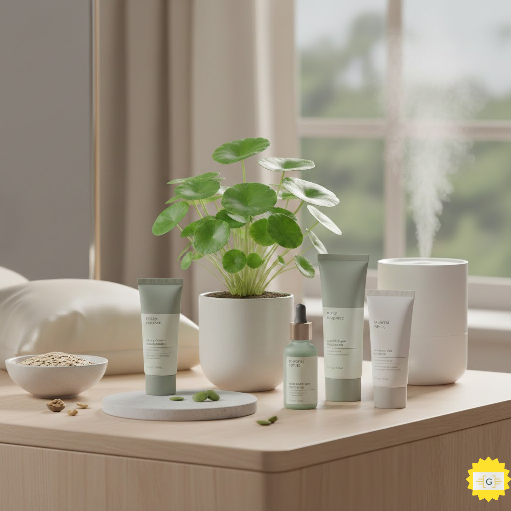 A minimalist skincare flat lay for sensitive skin featuring Cica plants, colloidal oatmeal, mineral sunscreen, and a humidifier on a wooden table."