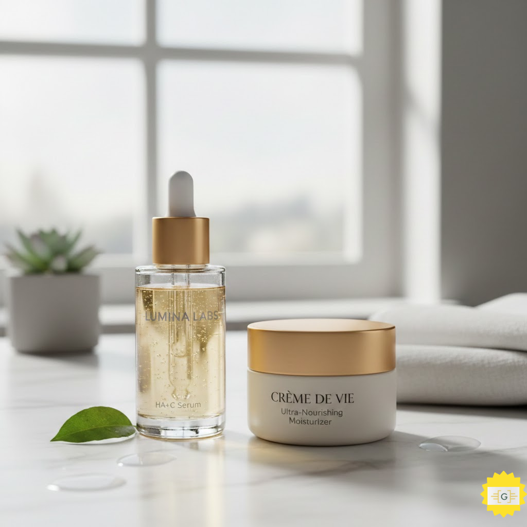 A close-up of a glass serum dropper next to a luxury moisturizer jar on a clean bathroom counter.