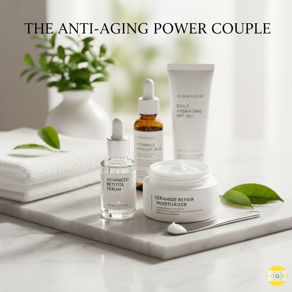 A professional skincare flat lay featuring an advanced Retinol serum bottle and a jar of Ceramide repair moisturizer on a marble surface, representing a 2026 anti-aging routine.