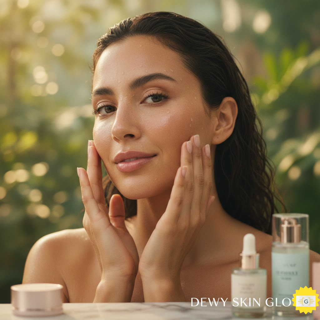 Woman showing her Skincare Routine for a Dewy Finish
