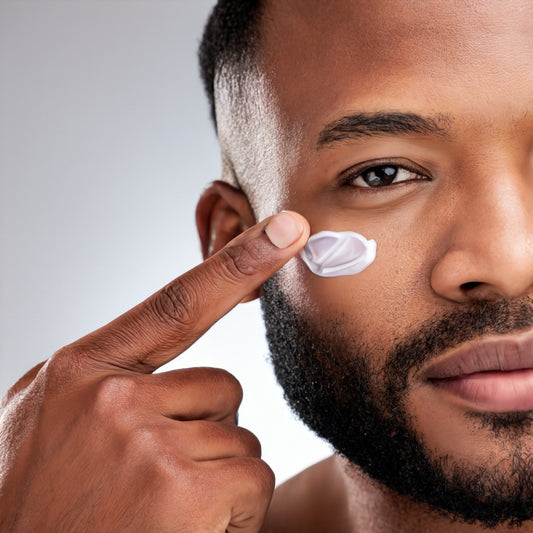 Man with finger on face applying Skincare product for men