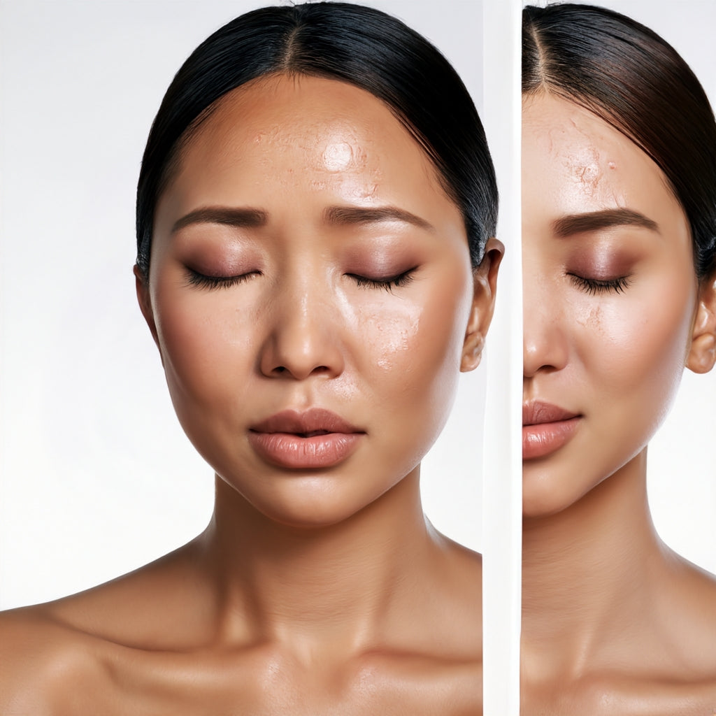 Woman with oily skin with a white background 