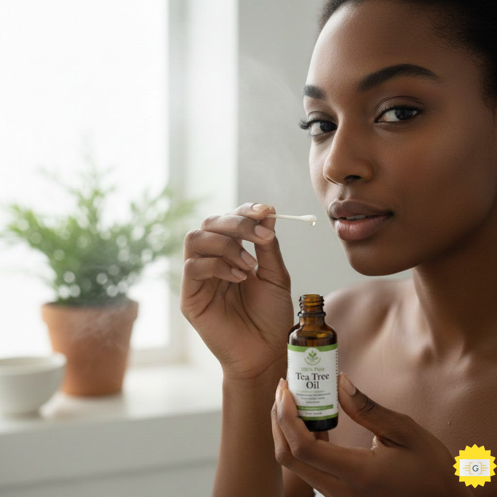 Beautiful dark skinned woman using tea tree oil for skincare