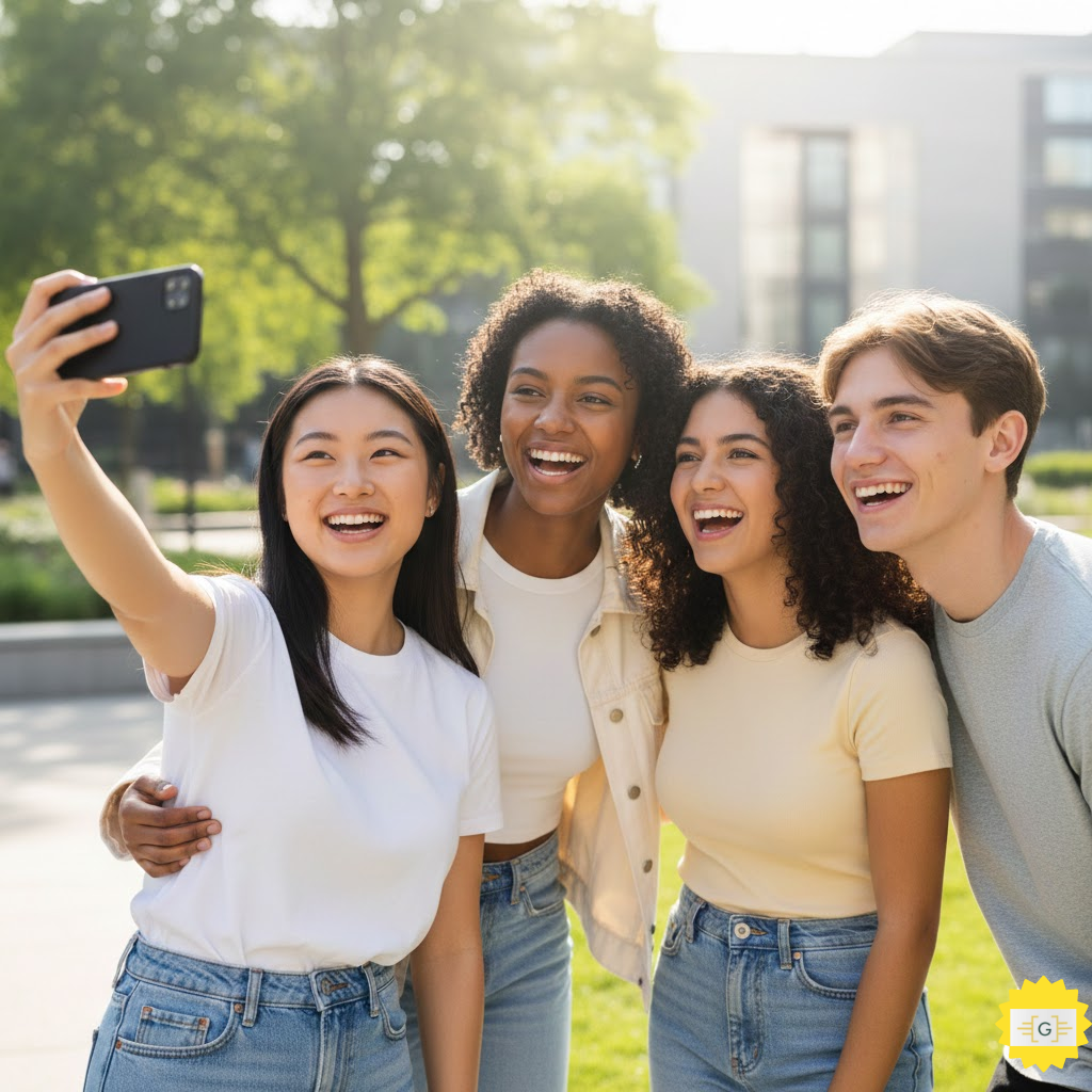image of multi racial teens taking selfie