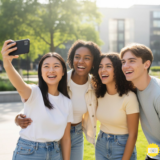 image of multi racial teens taking selfie