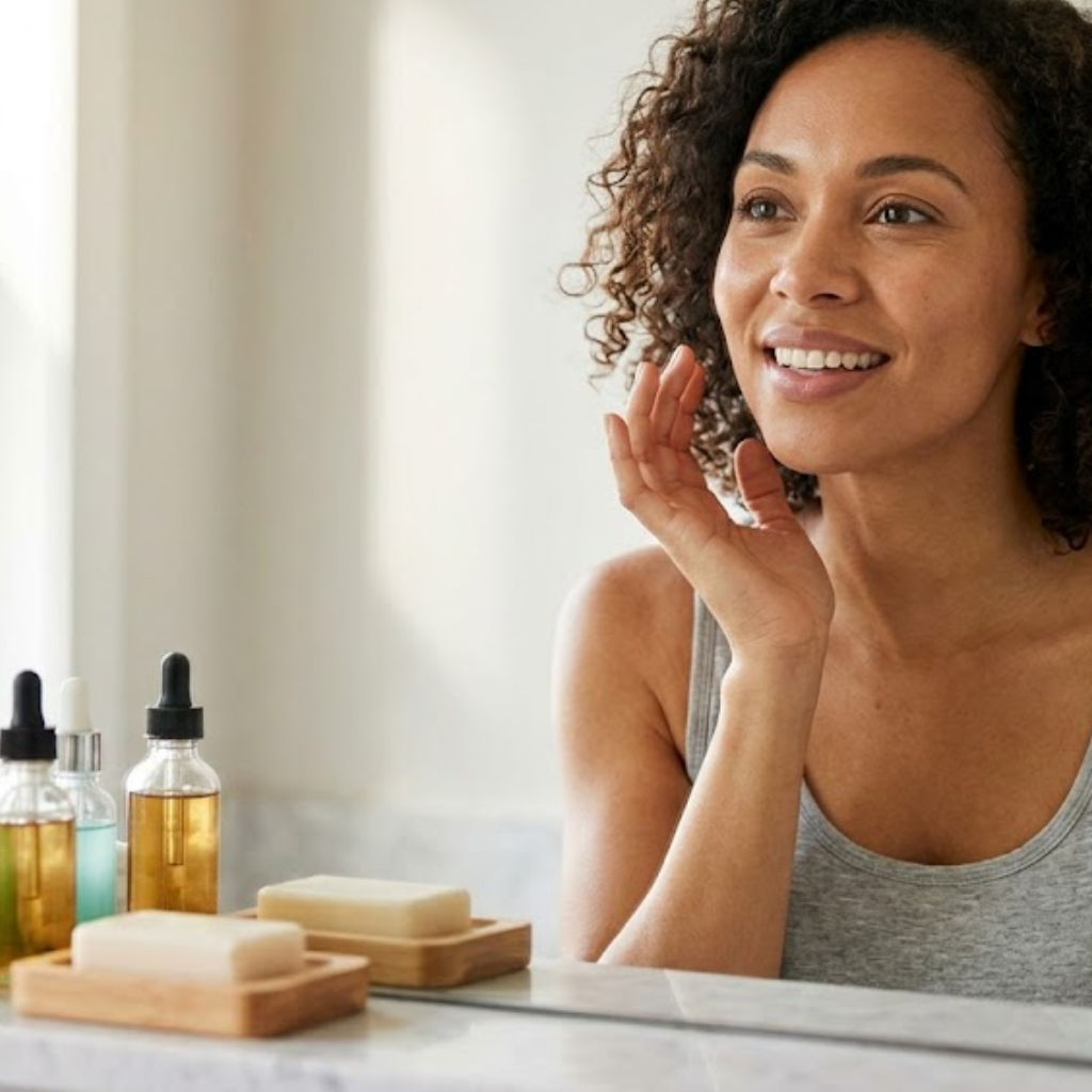 Woman looking in mirror with bar of soap and an serum infront
