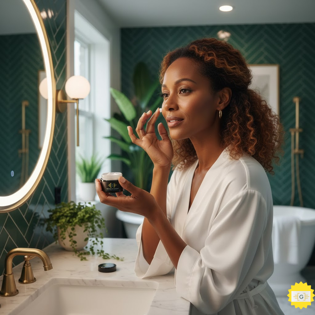 Woman looking in mirror in beautiful bathroom using Greater Mood eye cream