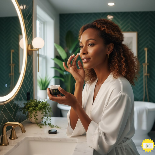 Woman looking in mirror in beautiful bathroom using Greater Mood eye cream