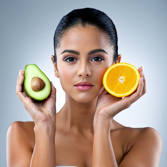 Lady holding up a half of avocado and orange showing off The Clear Skin Diet