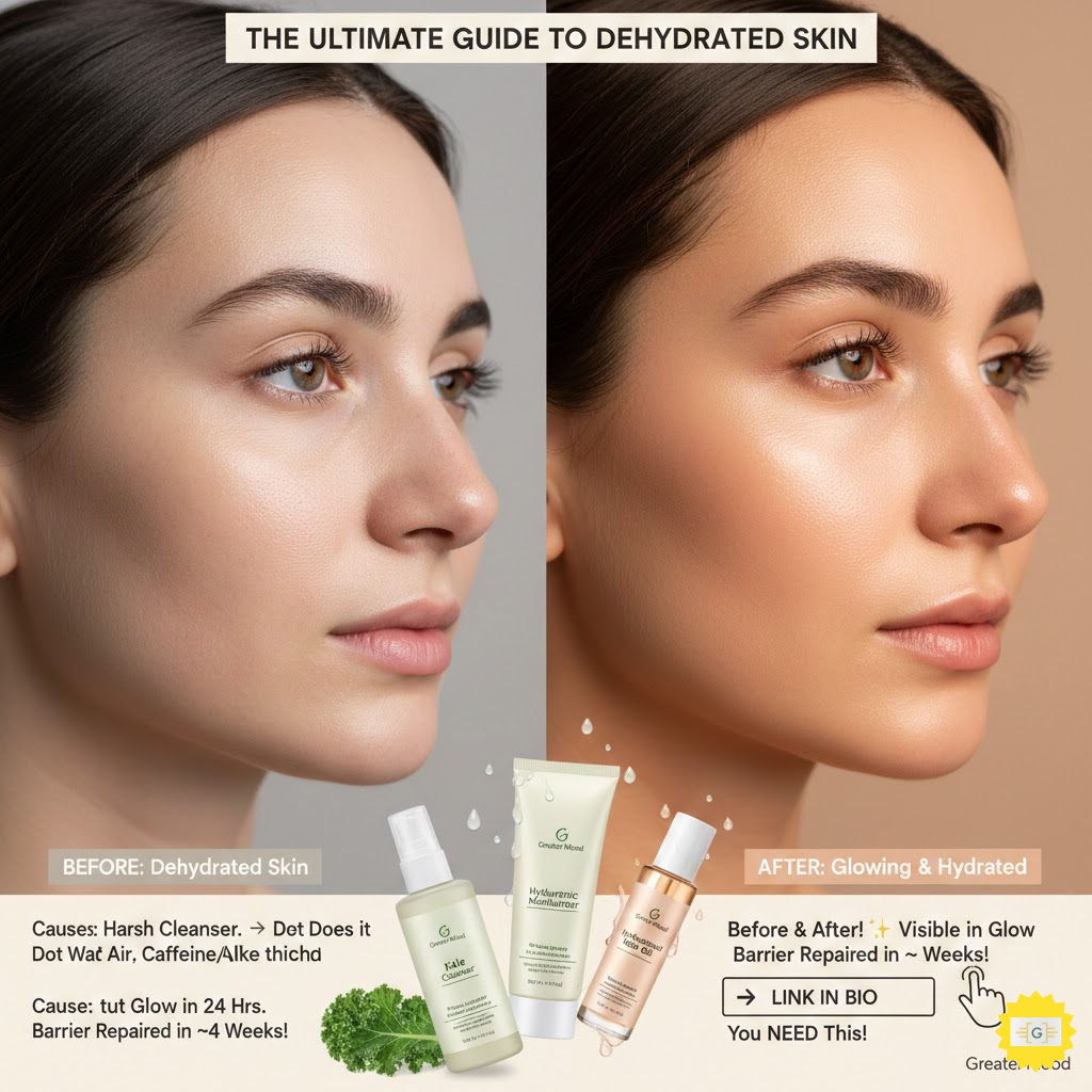 Woman showing before and after Dehydrated Skin 