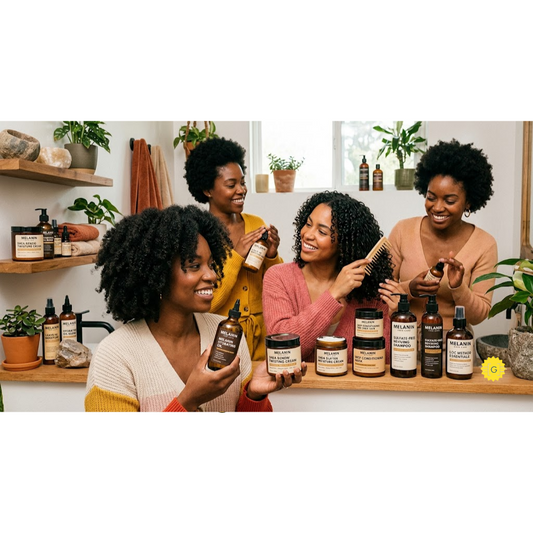 several women with diverse natural textures and various styling products like creams and oils in a welcoming bathroom setting.