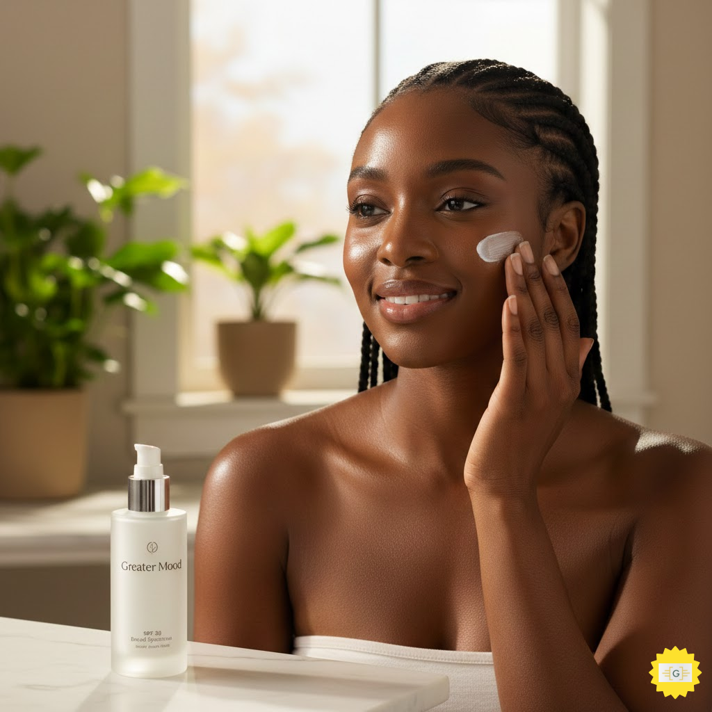 Woman applying Greater Mood moisturizer with SPF 30 to her face for daily sun protection