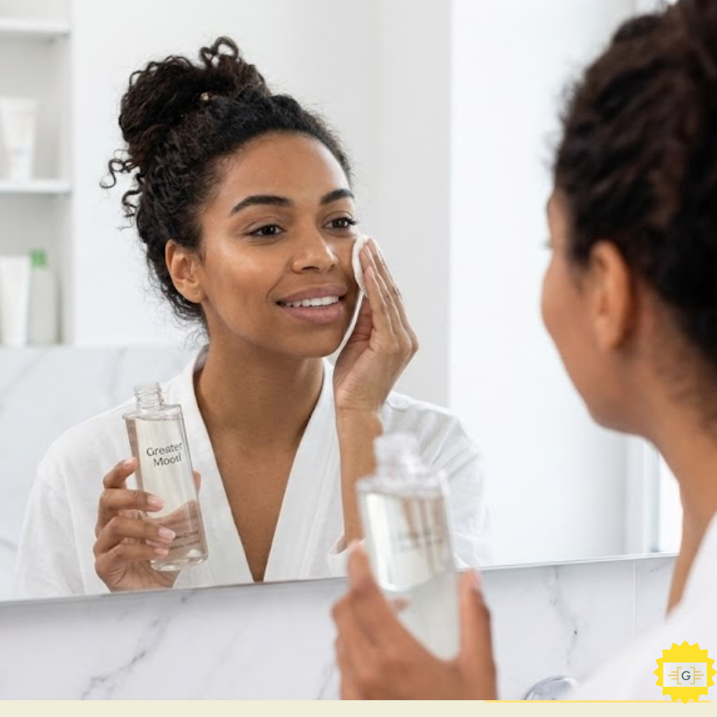 Woman using Greater Mood Toner Looking in Bathroom Mirror