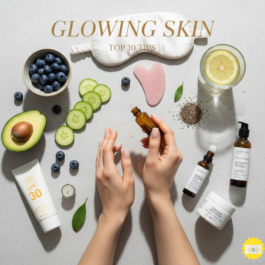 A hand and Skincare  products on a surface Tips for Glowing Skin 