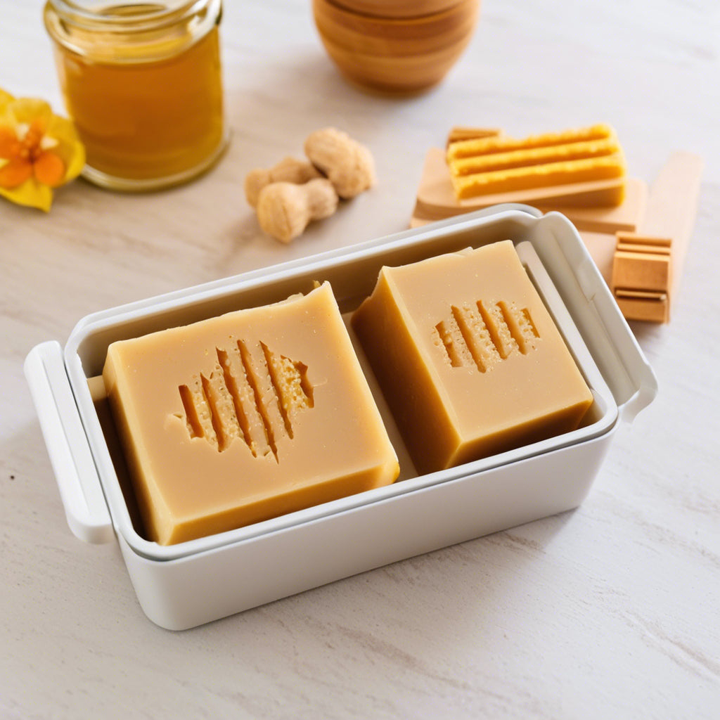Turmeric Honey Soap bars in container in bathroom 