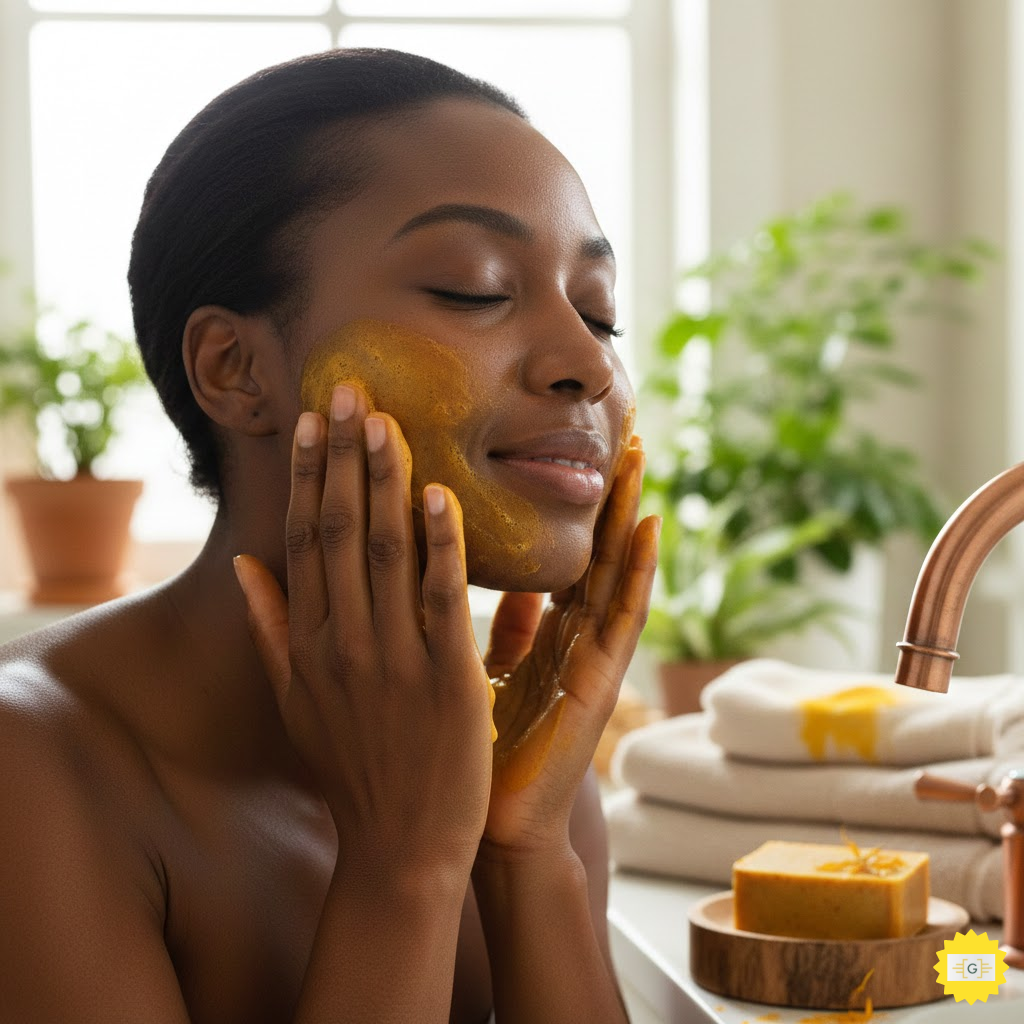 Woman using Turmeric Soap for Hyperpigmentation
