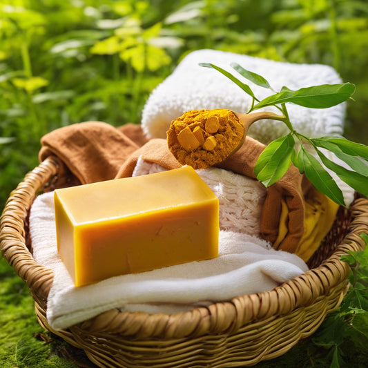 Turmeric and Kojic Acid Soap in basket in forest with towels 