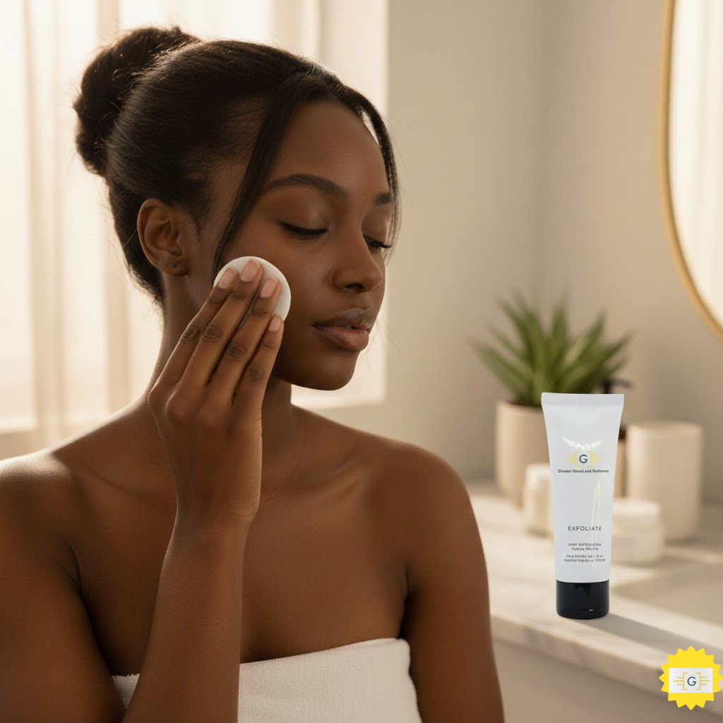 Woman applying chemical exfoliant toner to face
