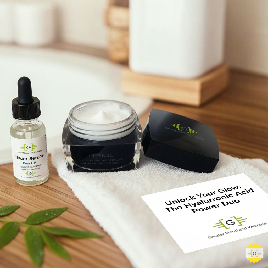 Hyaluronic Acid moisturizer and serum on table