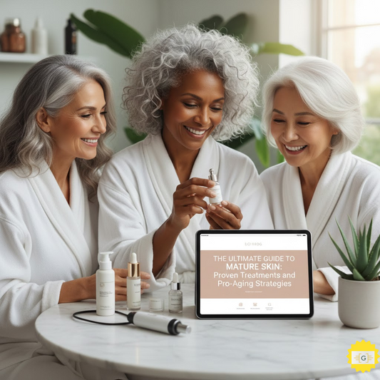 3 Older women with skincare products on a table
