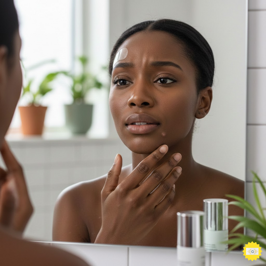  Woman looking in mirror with  Whiteheads 